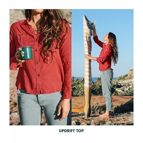 New Prana Womens NWT S Updrift Top Button Pockets LS Patina Red Rust Tencel Logo - Picture 1 of 12